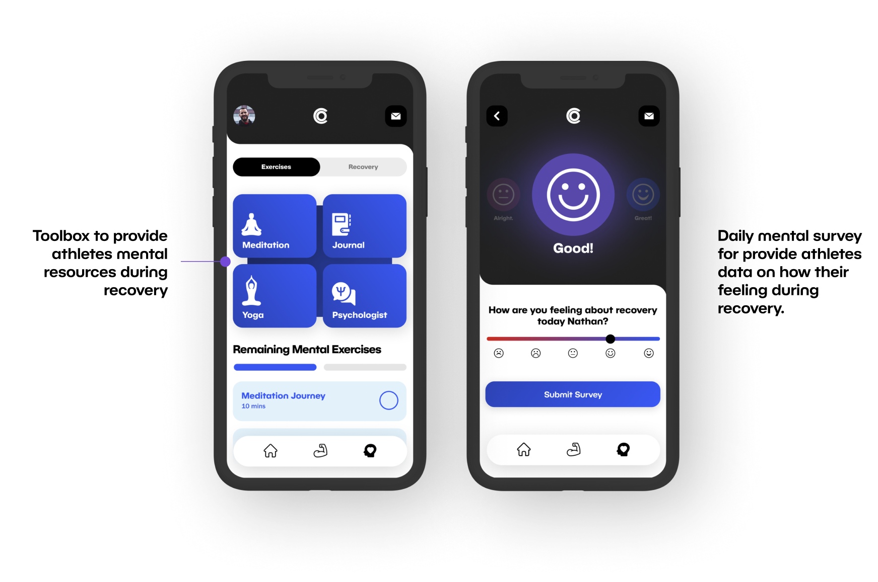Final App — Mental Health Tab with daily survey and goal gradient
