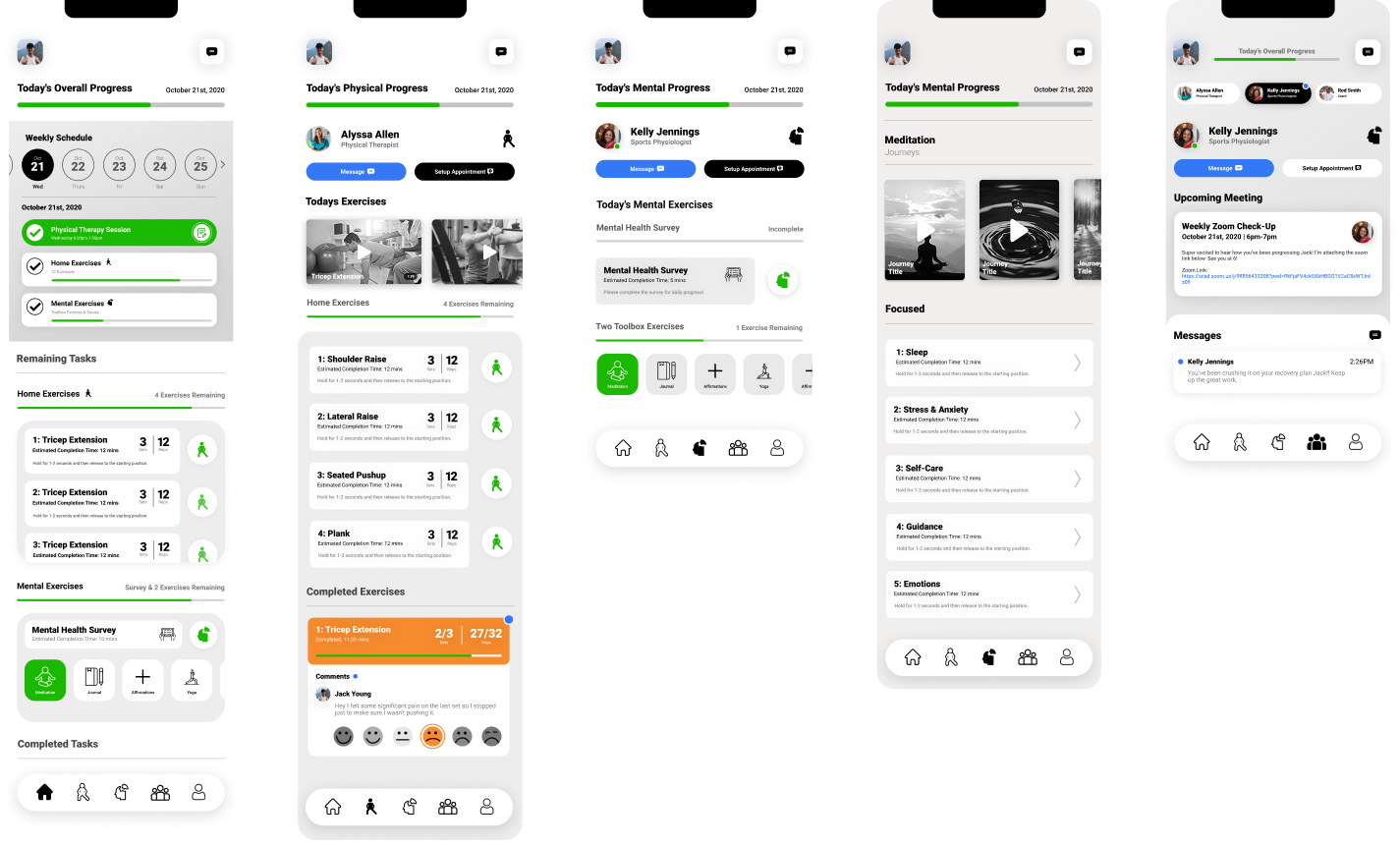 Mid-fi prototype — combined screens showing home, physical, and mental tabs