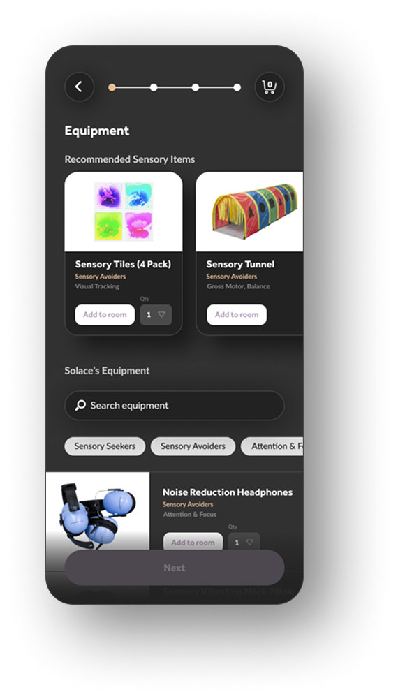 Solace app — sensory experiences flow