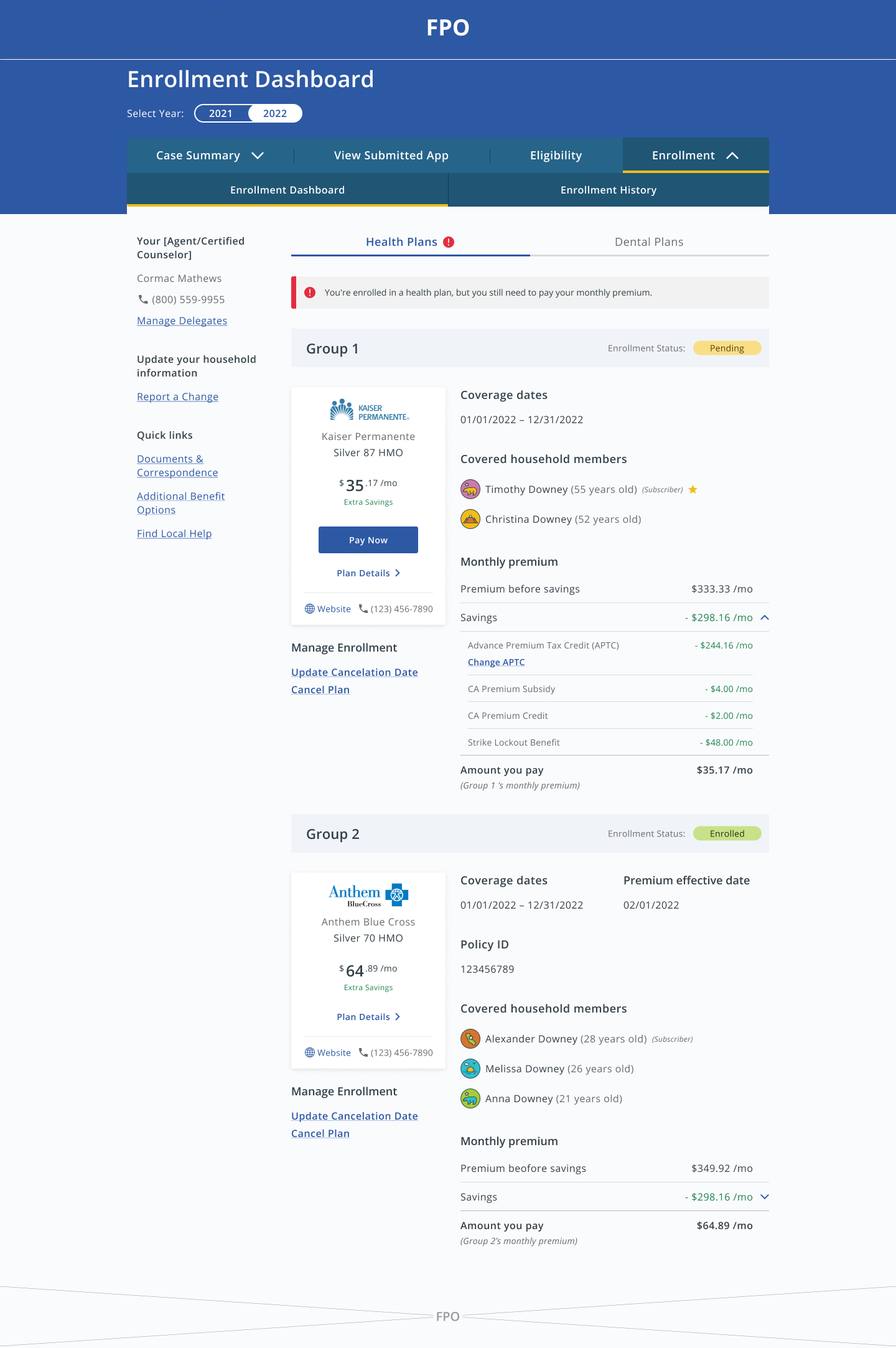 Enrollment dashboard — health plans