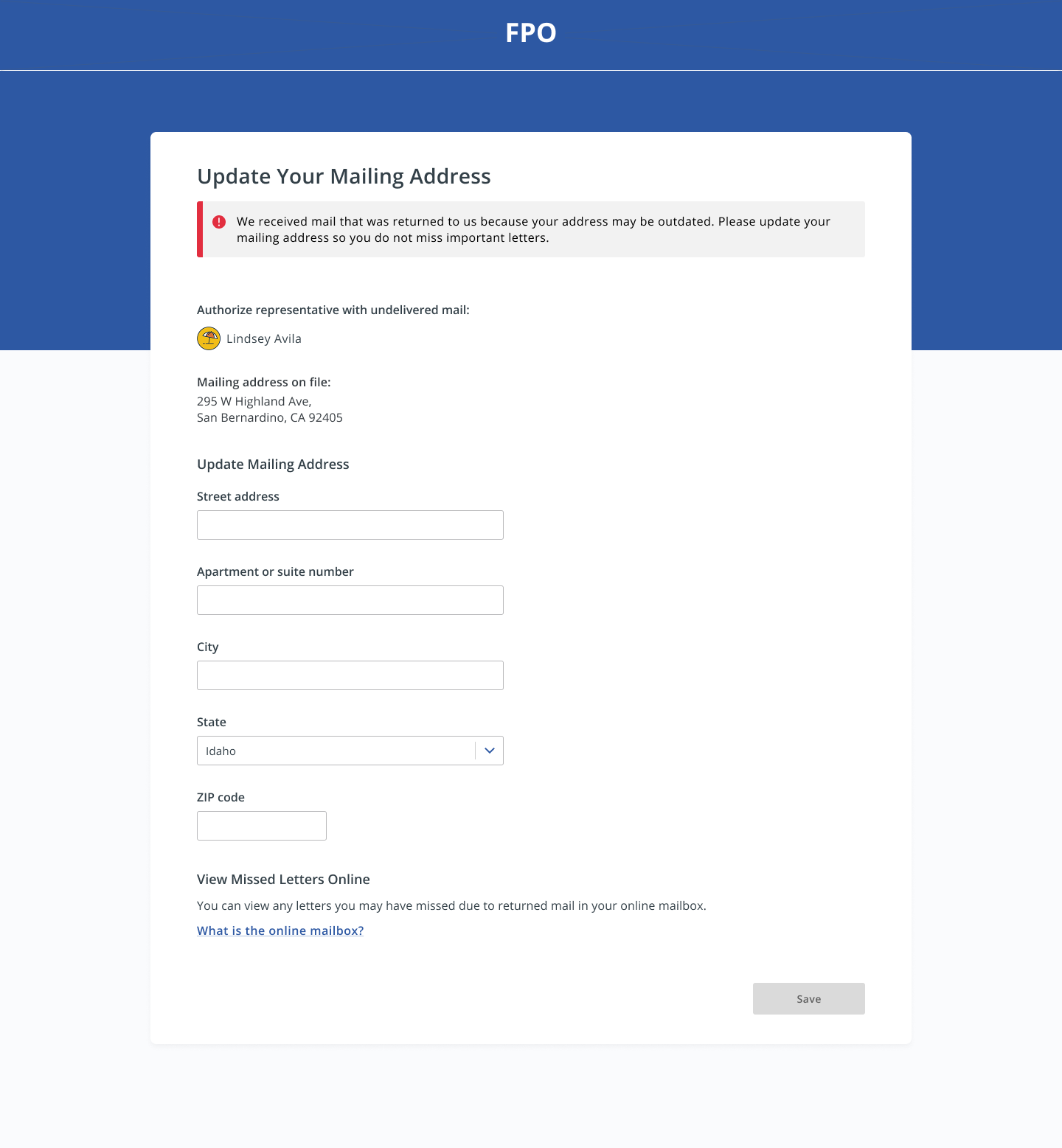 Returned mail — authorized representative view